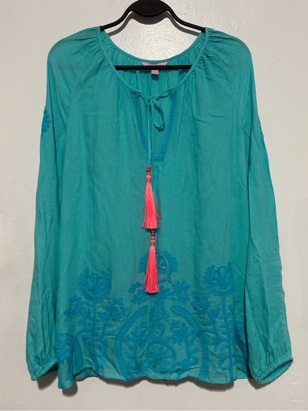 Lilly Pulitzer Size L Turquoise Embroidered Tassel Tie Tunic Blouse